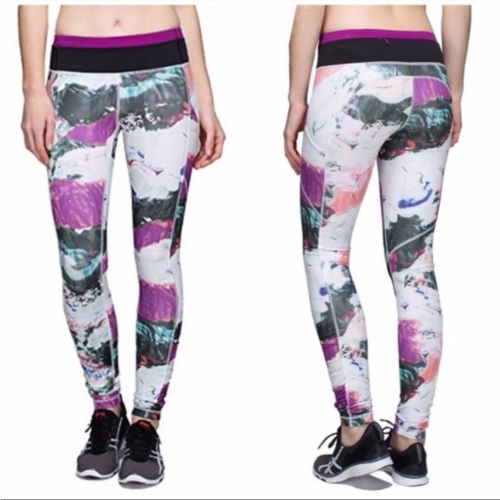 Lululemon Speed Tights III Sz 6 Pigment Wave White Pink Black Abstract Side Pkts